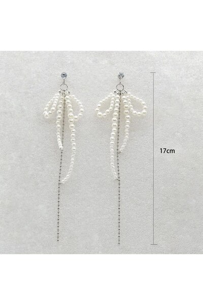 Shiklik Pearl Detailed Ribbon Design Dangle Long Earrings