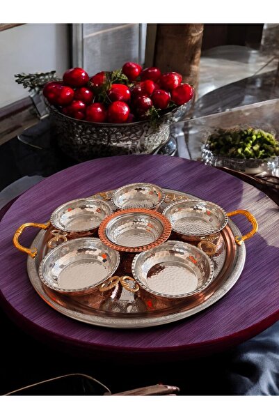 BARITCIOGLU Presentation Plate Tray Copper Breakfast Pan Set 7 Pieces