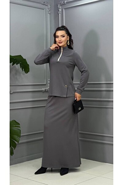 Cannes Duru Half Zipper Mock Neck Gray Maxi Dress - Sporty Stylish Two Piece Set