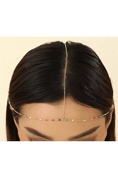 Shiklik Lanț de păr detaliat pentru femei, cu perle și mărgele colorate - Acc...