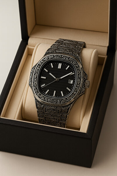 pierrose İşlemeli Metal Kasa Siyah Kadran Takvimli Unisex Quartz Kol Saati