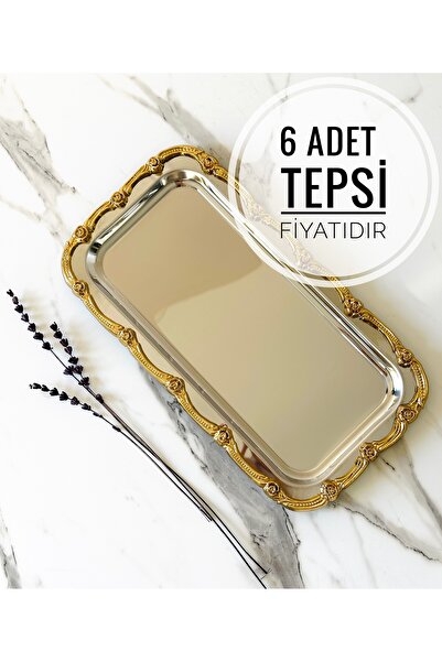 Melinda 6 Adet Fiore Dikdörtgen Tepsi Gold-Gümüş Paslanmaz Çelik Çay Kahve Se...