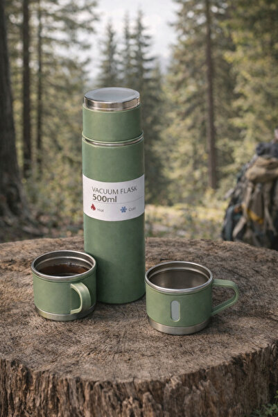 ValoriaHome Paslanmaz Çelik Termos Seti 3 Bardaklı Kapak Bardaklı 500 ml Kamp...