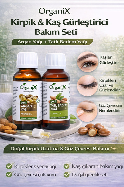 Organix Kirpik Kaş Gürleştirici & Göz Çevresi Bakım Seti Tatlı Badem Yağı + A...