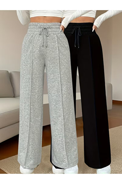 LOSMARY İKİ ADET ÖNÜ ÇIMALI SİYAH GRİ DÜZ PAÇA EŞOFMAN ALTI