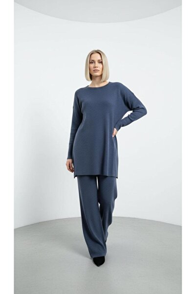 Lina&Noor Ribbed Knit Winter Corded Fabric Double Set Indigo