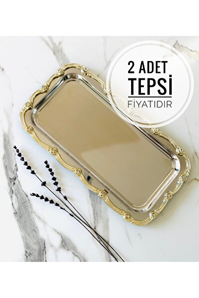 Melinda 2 Adet Fiore Dikdörtgen Tepsi Gümüş-Gümüş Paslanmaz Çelik Çay Kahve S...