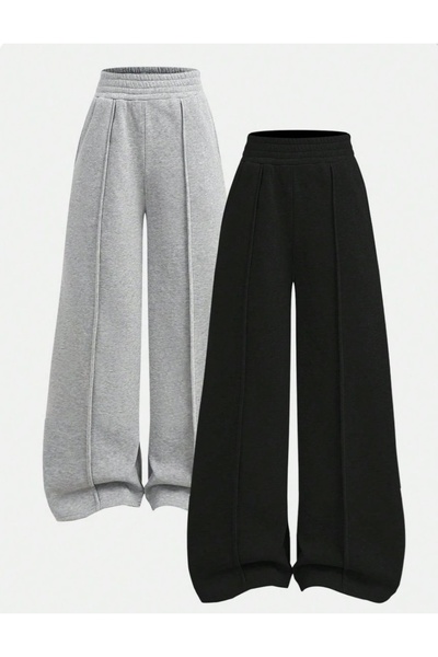 GERLAY İKİ ADET ÖNÜ ÇIMALI SİYAH GRİ BOL KALIP DÜZ PAÇA EŞOFMAN ALTI