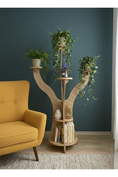 WOODEN MAN Dekoratif Ağaç Formlu Çiçeklik Standı - 4 Bölmeli Saksı Rafı - Mod...