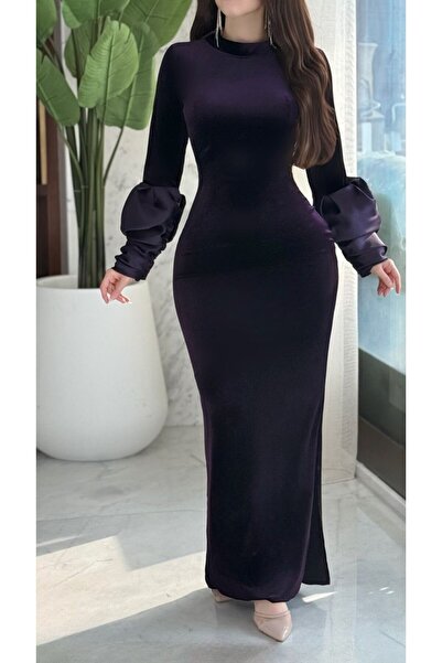 VİVİ فستان سهرة مخمل طويل باللون الموف بتصميم ناعم وأكمام مميزة