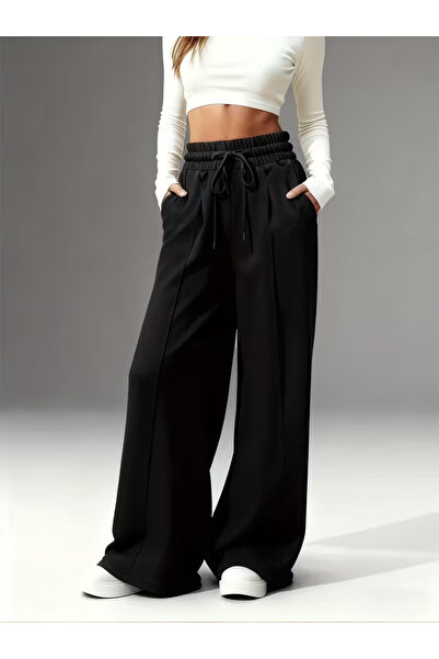 GERLAY Kadın siyah önü çımalı bol kalıp düz paça eşofman altı