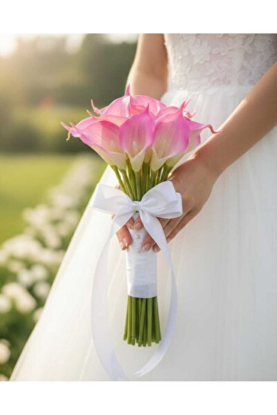 ENRUFLORA Yapay 8'li Islak Dokulu Gala Çiçeği Pembe Beyaz Esintili Gelin Eli ...