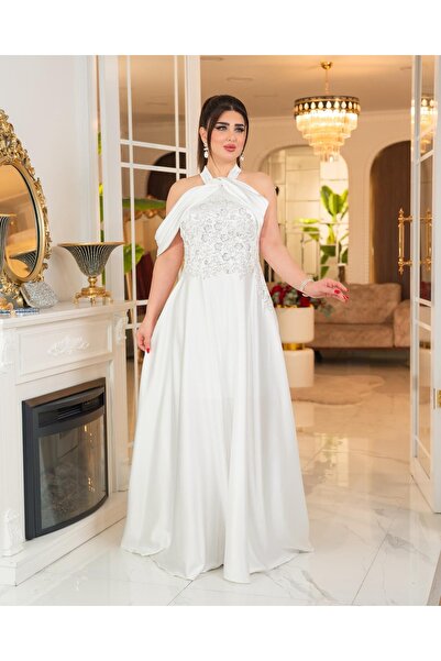 DADO BELLA Beyaz Çapraz Halter Yaka Boncuk İşlemeli Uzun Saten Kloş Etekli Abiye