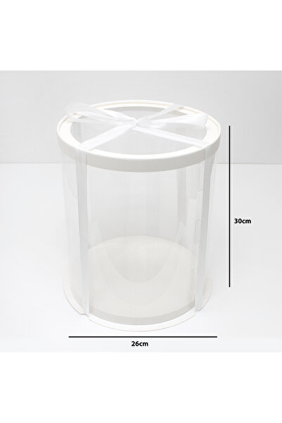 Generic 1 piece of round transparent cake box, white color, dimensions 26 x