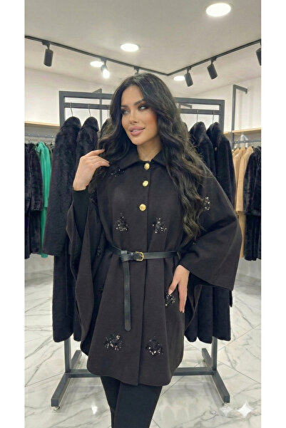 ribana Women's Black Belted Embroidered Gold Button Detailed Cashmere Cape Po...