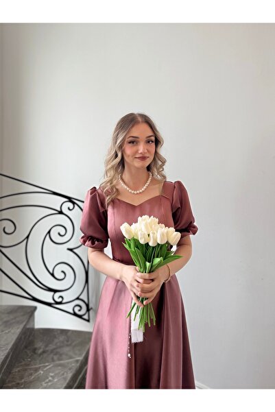 essolaria BİRCE Kadın Pembe Saten Kalp Yaka Fırfırlı Kol Detaylı Modern Mezun...