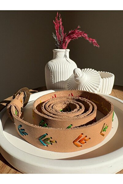 Atölye Taba El Yapımı Hakiki Deri İşlemeli Kadın Kemer | Doğal & Bohem Tasarım