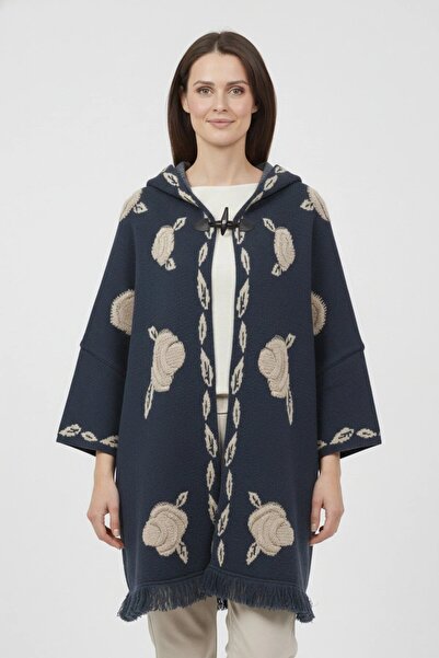 larocci Embossed Rose Patterned Hooded Women's Poncho