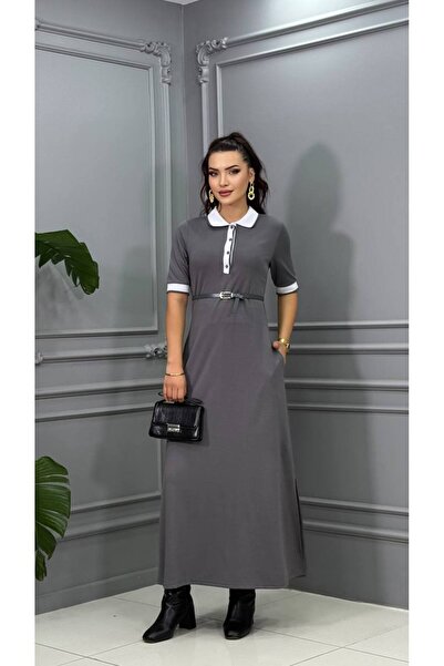 Cannes Baby Contrast Peter Pan collar Belted Maxi Length Gray Dress