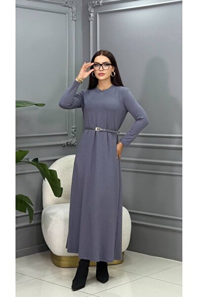Cannes Bagi Crew Neck Long Sleeve Belted Maxi Dress - Gray