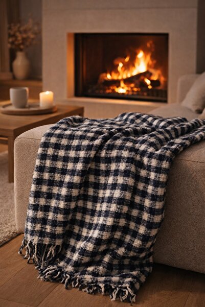 Bizdenuygunuyok Navy Blue Checkered Television Blanket |   Soft Textured |   ...