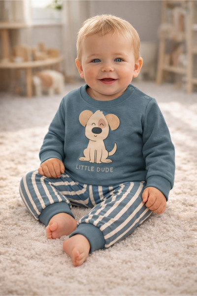 Bebişto طقم أطفال من القطن من Little Dude مطبوع مكون من قطعتين مخططة باللون ا...