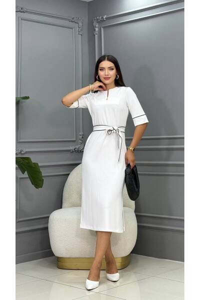 Cannes فستان دادي كونتراست تفاصيل أسطوانية ميدي أبيض بحزام