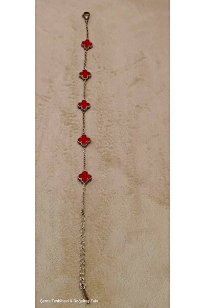 Şems Tesbihevi & Doğaltaş Takı Kadın Gümüş Renk 5'li Kırmızı Küçük Yonca Çeli...