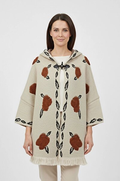 larocci Embossed Rose Patterned Hooded Women's Poncho