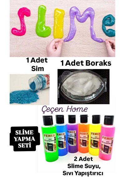 ÇEÇEN HOME Slime Yapım Seti 2 Adet Renkli Sıvı Yapıştırıcı Slime Suyu + 1 Ade...