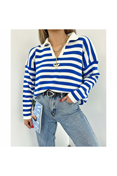 mahira collection Women's Polo Neck Striped Knitwear