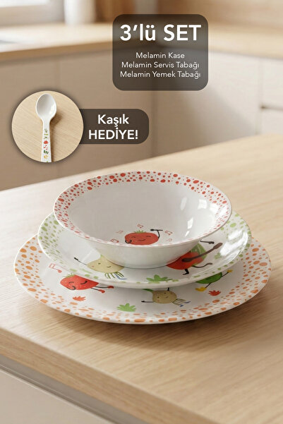Meleni Baby 3'lü Melamin Beslenme Seti - Çocuk Bebek Servis Yemek Tabağı Mama...