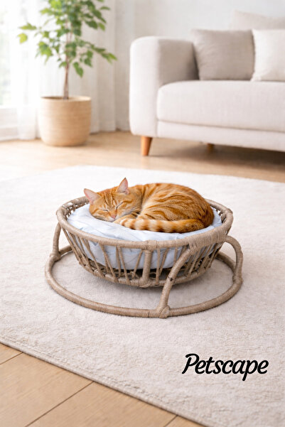 Petscape Minderli Hasır Kedi Köpek Yatağı Doğal Rattan Tasarım Yumuşak Minder...