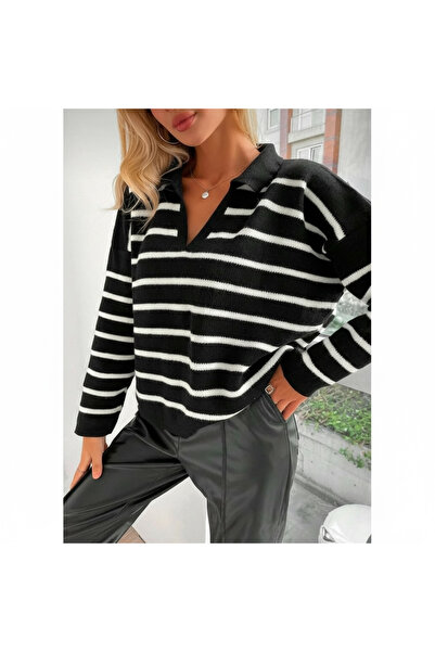 mahira collection Women's Polo Neck Striped Knitwear