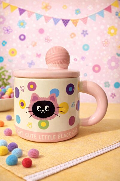 matheon Cat Mug with Lid – Cute Black Cat Design with Colorful Polka Dots, Gift