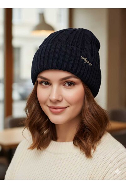 Betülce Women's Knitted Patterned Knitwear Beanie with Pompom Detail on the B...