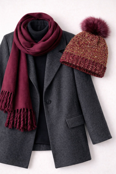 kuru Combinație de șal ultra moale și beretă lungă cu pompon