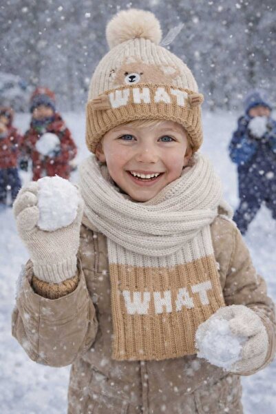 Recos طقم قفازات وقبعة للأولاد مع بطانة من الصوف وصورة دمية دب