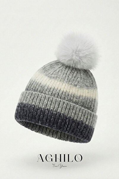 Aghilo Wool Pompom Detailed Marbled Pattern Beanie