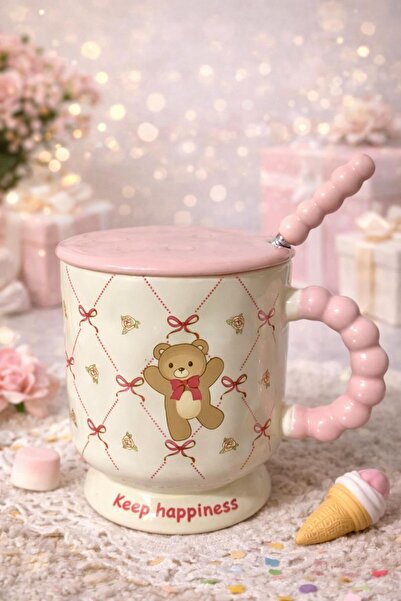 matheon Teddy Bear Mug with Lid and Spoon – Pink Detail, “Keep Happiness” Wri...