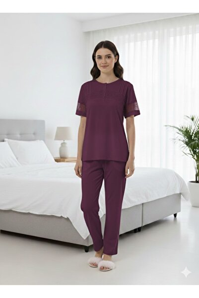 İpek Γυναικείο σετ πιτζάμες με κοντό μανίκι με δαντέλα από 100% βαμβάκι