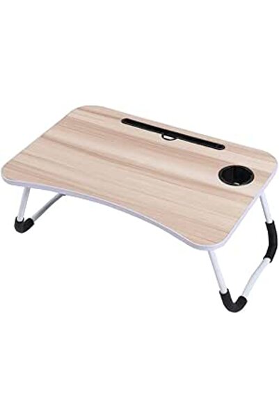 Lawazim Foldable Laptop Table - White - Portable Bed Table with Cup Holder an...
