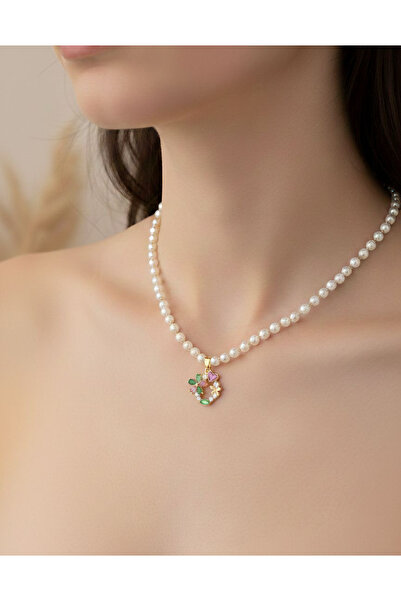 Butik Gold renk İnci Kristal Taşlı Kolye