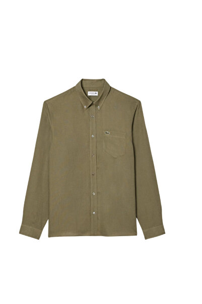 Lacoste Erkek Regular Fit Düğmeli Yaka Keten Haki Gömlek