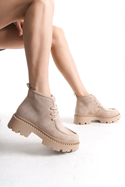DELSOLERA Women's Beige Suede New Season Daily Stylish Lace-Up Boots