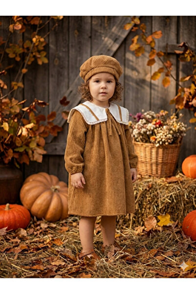Heymino Hazel Vintage Fitilli Kadife Kız Çocuk Elbise ve Ressam Şapka