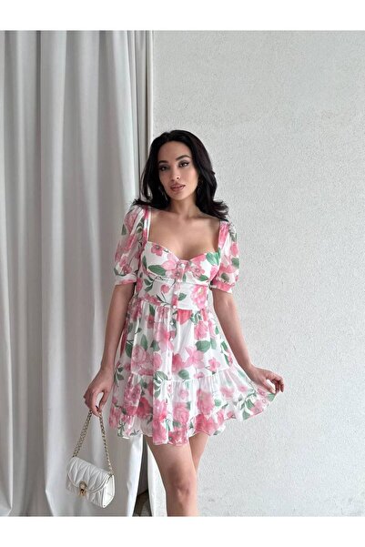 hillone Rochie mini roz pentru femei din șifon cu model și nasturi