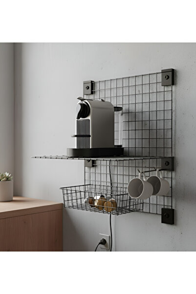SLLER Modern Kahve Köşesi Duvar Panosu - Tel Raf Düzenleyici Askılı Stand Takımı