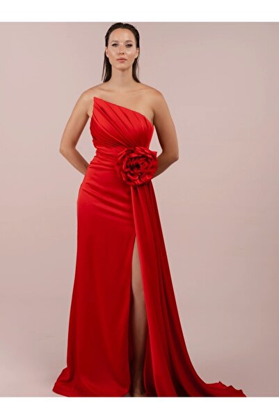 ARDSU Slit Satin Strapless Dress with Rose Detail