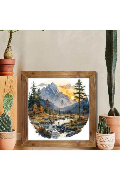 Tuba Decor Tablou pătrat cu rame din lemn, munți și peisaj